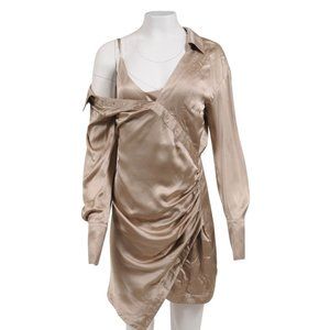 Nicholas Womens Eliana Asymmetrical Shirt Dress Large Beige Silk Saten Collar